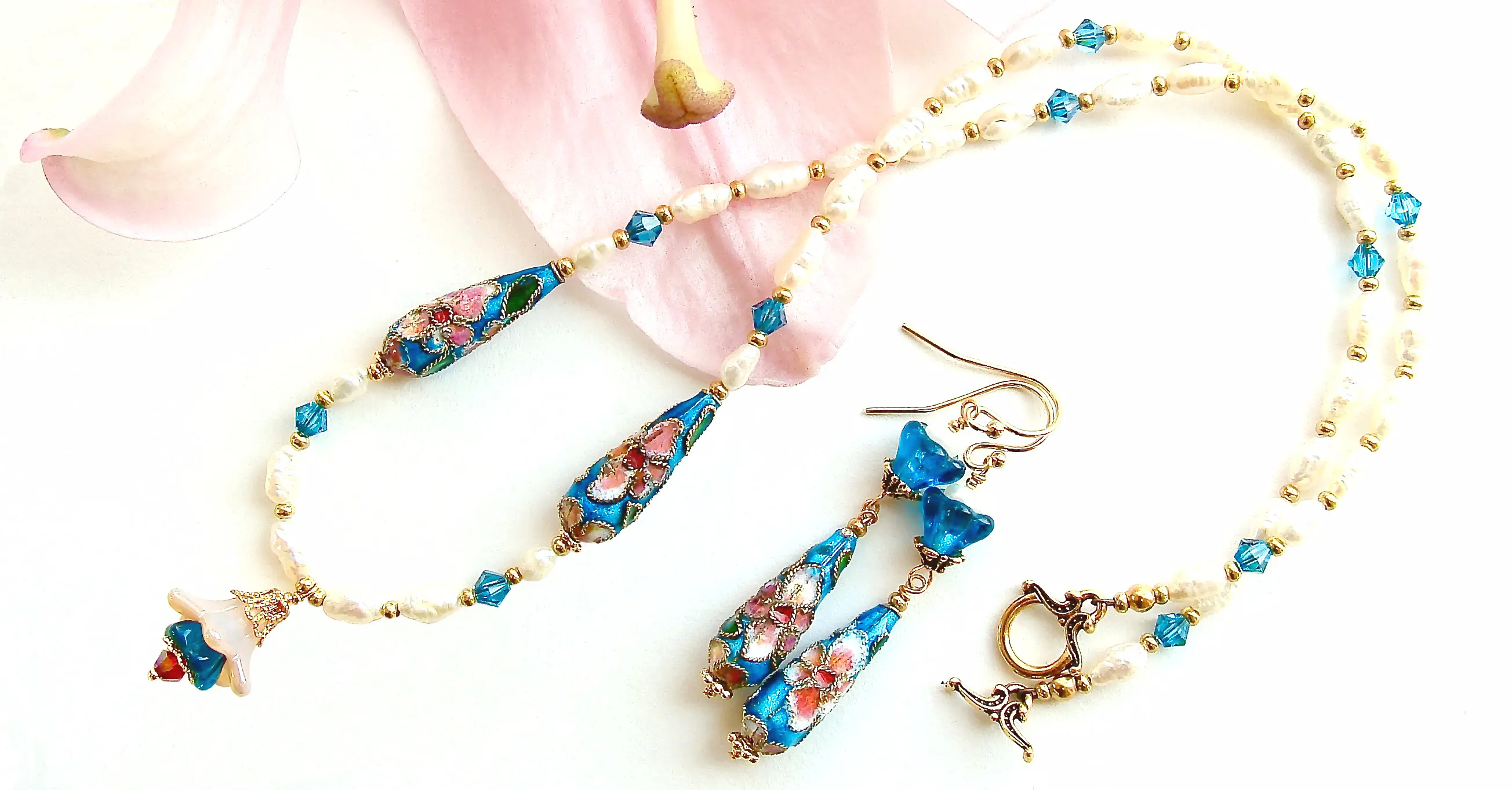 Cecile: Blue and White Pearl Necklace with Cloisonné