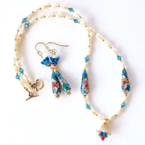 Cecile: Blue and White Pearl Necklace with Cloisonné