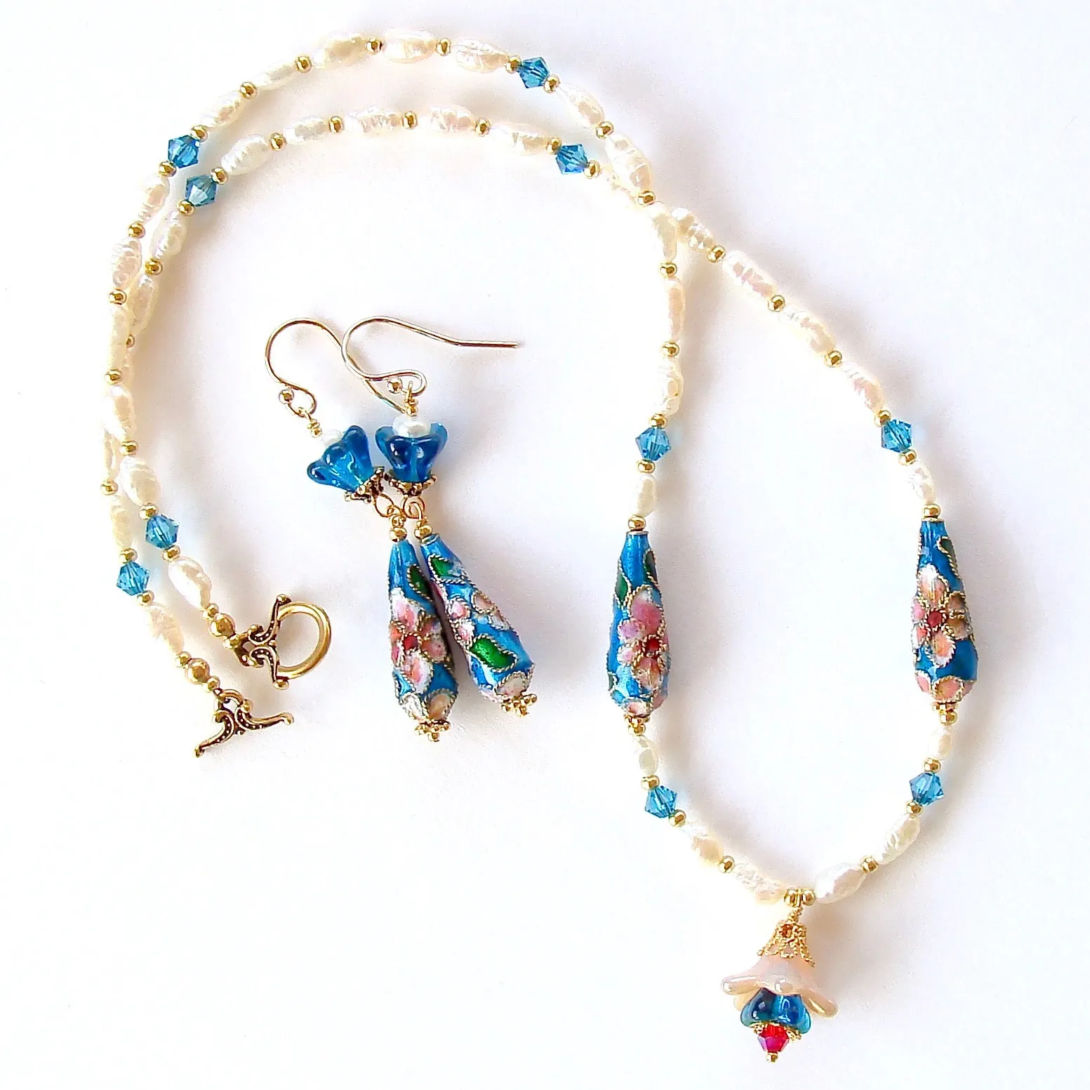 Cecile: Blue and White Pearl Necklace with Cloisonné