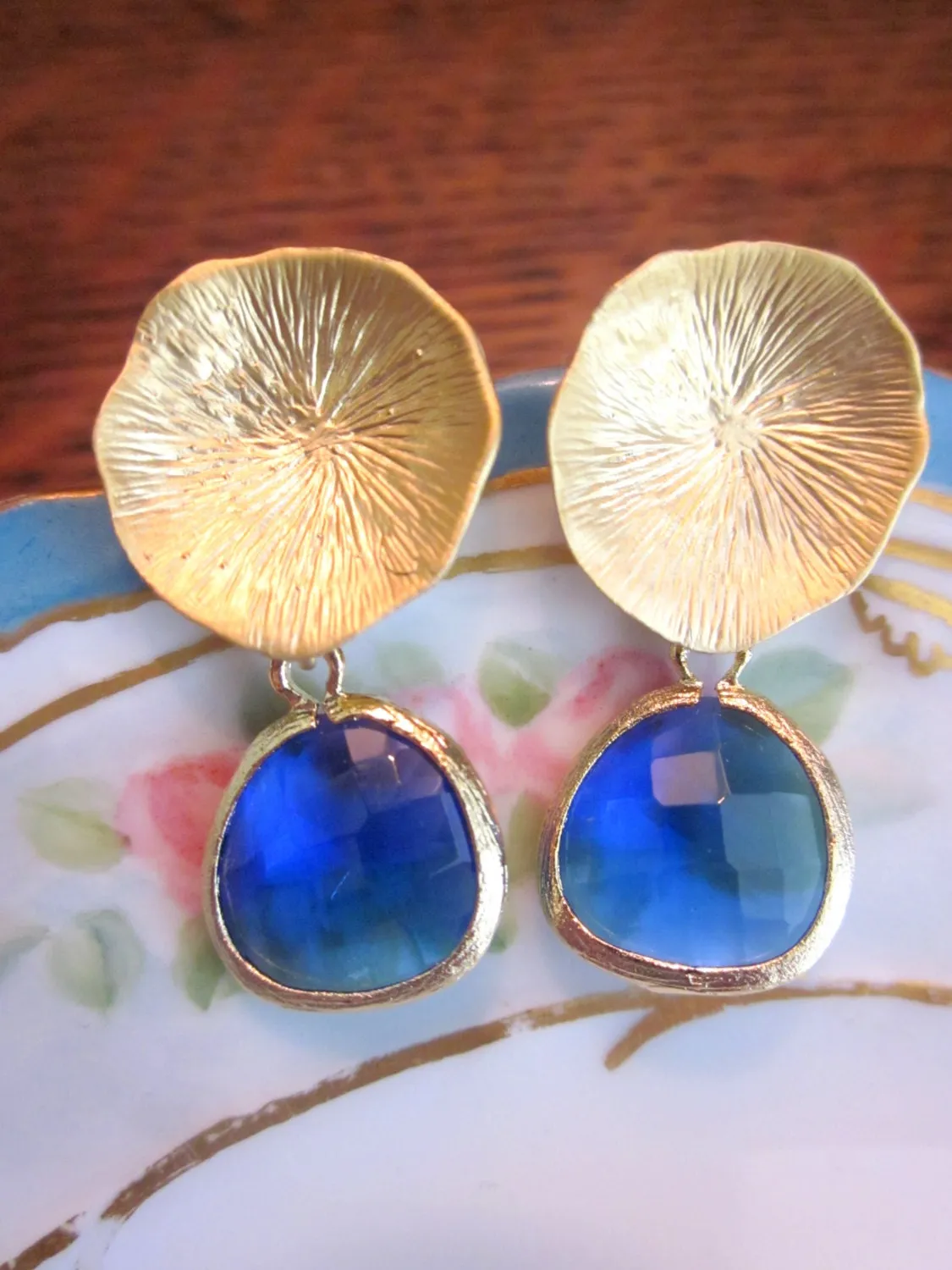 Cobalt Blue Earrings Gold Mushroom Coral - Bridesmaid Earrings - Wedding Earrings - Bridesmaid Jewelry Cobalt