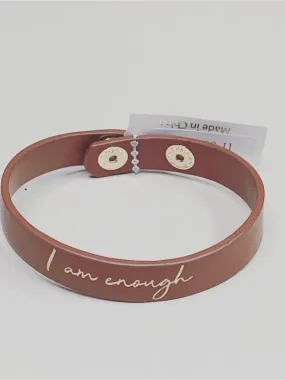 Cognac “I Am Enough” Leather Two Snap Button Closure Bracelet