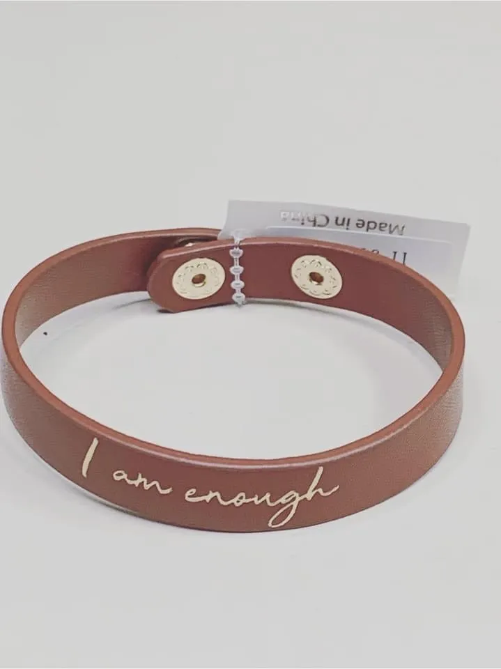 Cognac “I Am Enough” Leather Two Snap Button Closure Bracelet