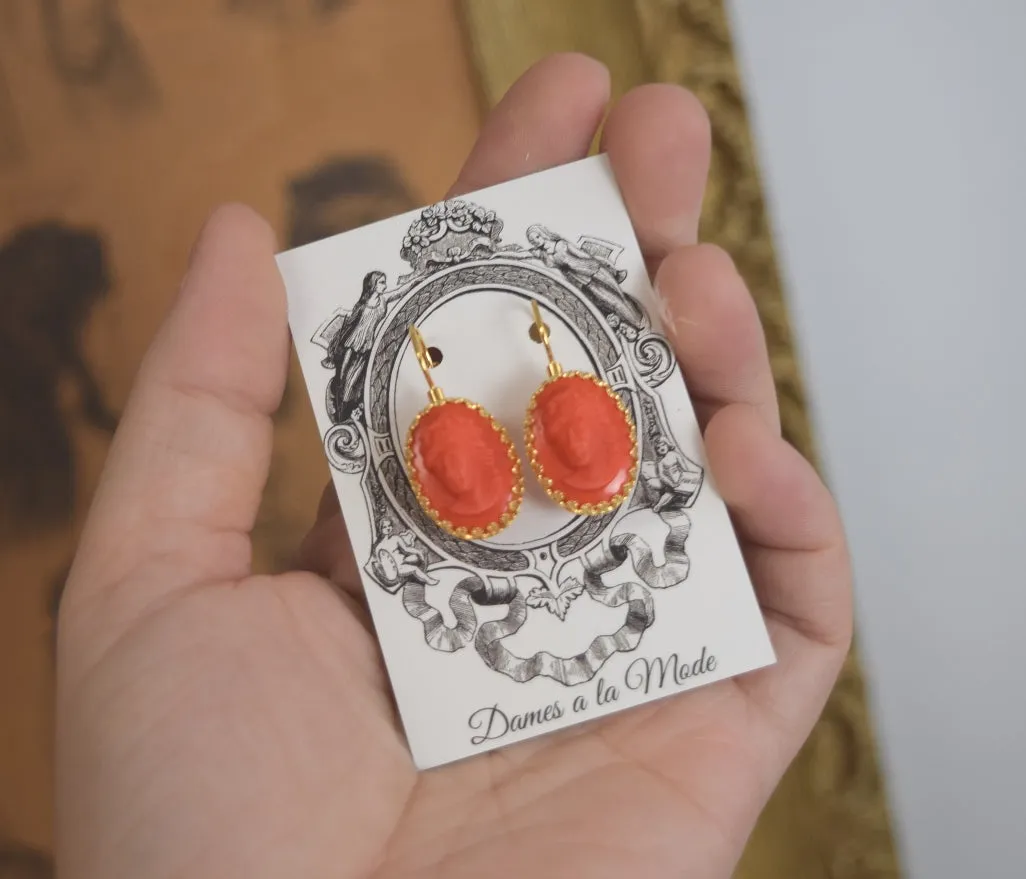 Coral Cameo Crown Earrings