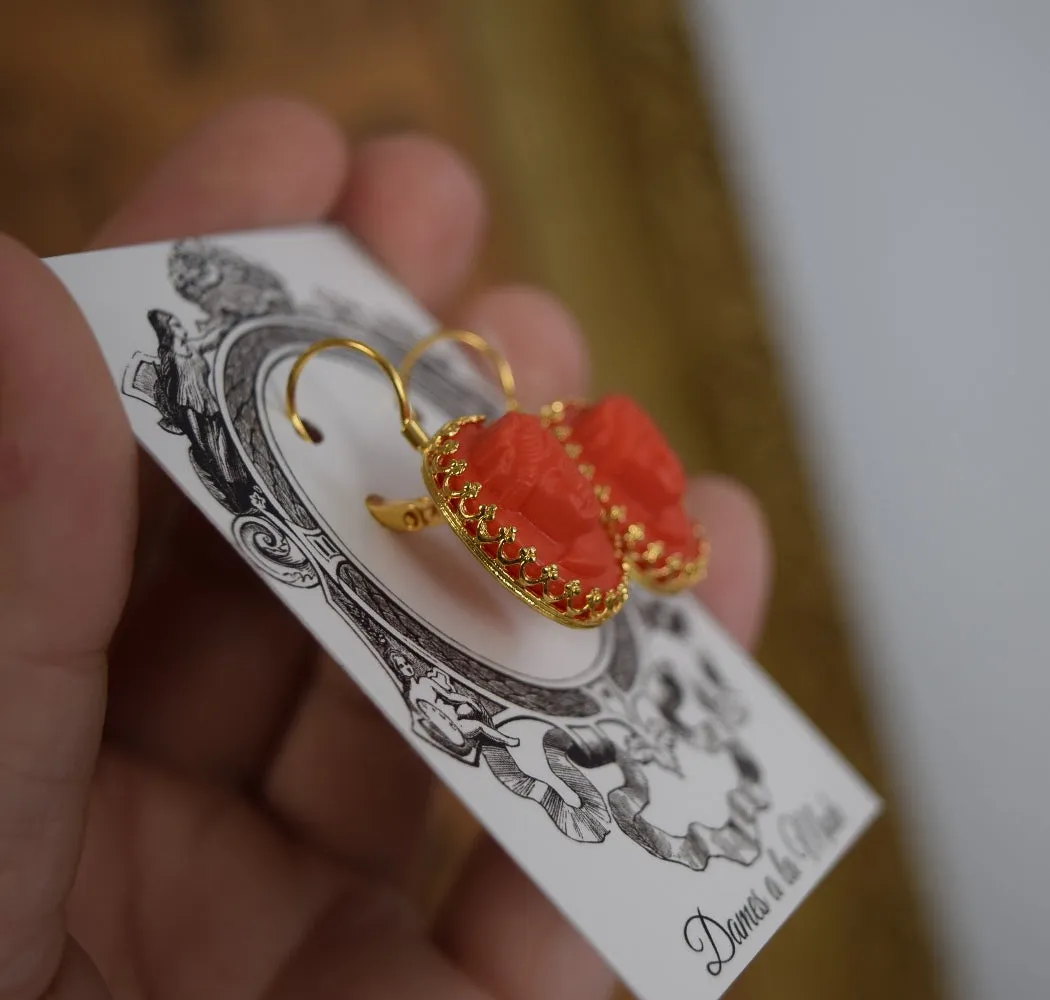 Coral Cameo Crown Earrings