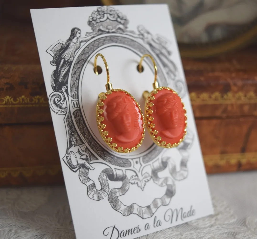 Coral Cameo Crown Earrings
