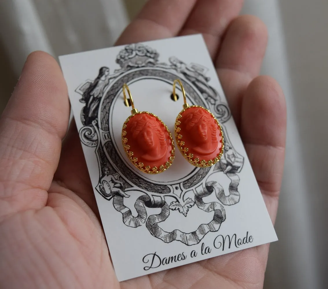 Coral Cameo Crown Earrings