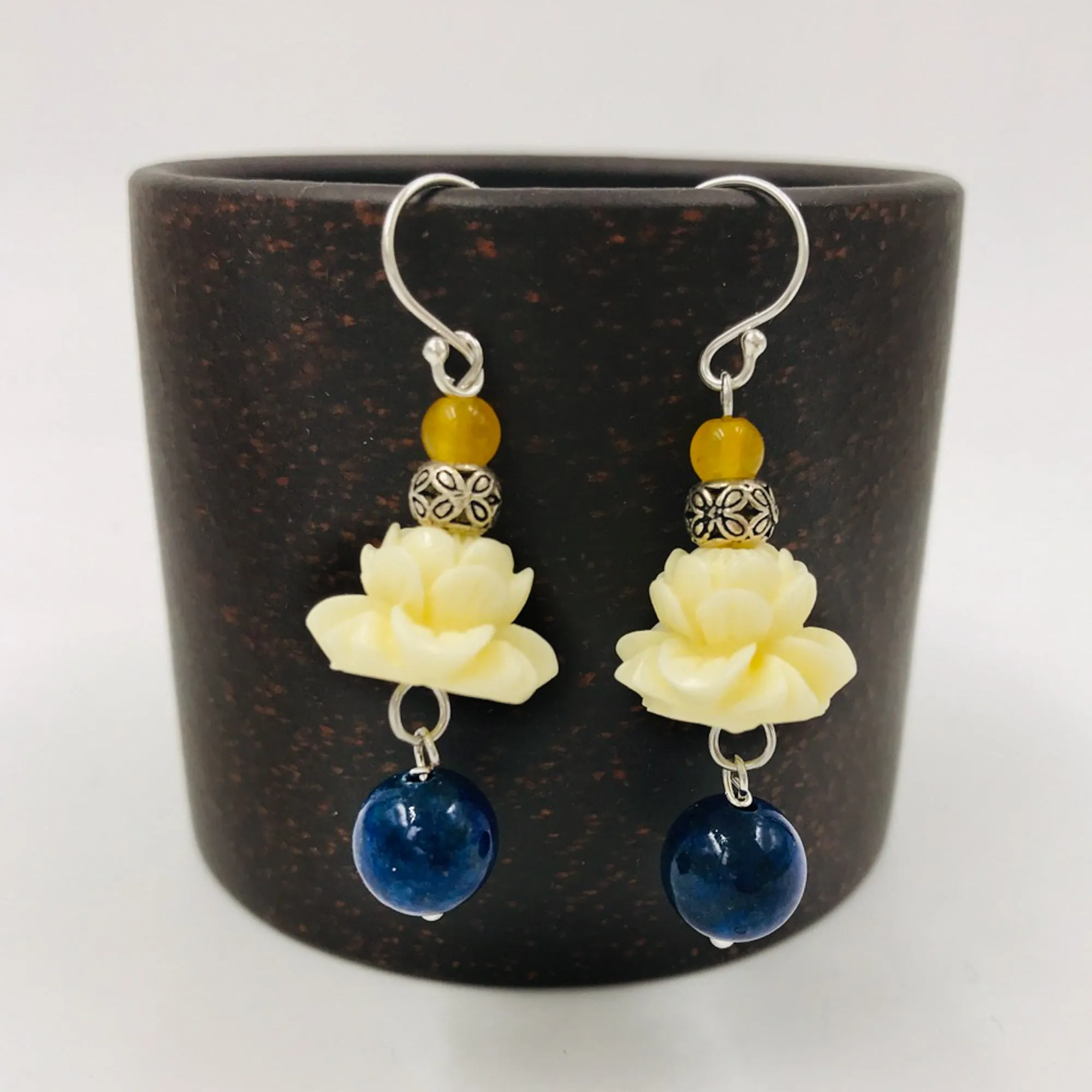 Coral Lotus Earrings with Lapis