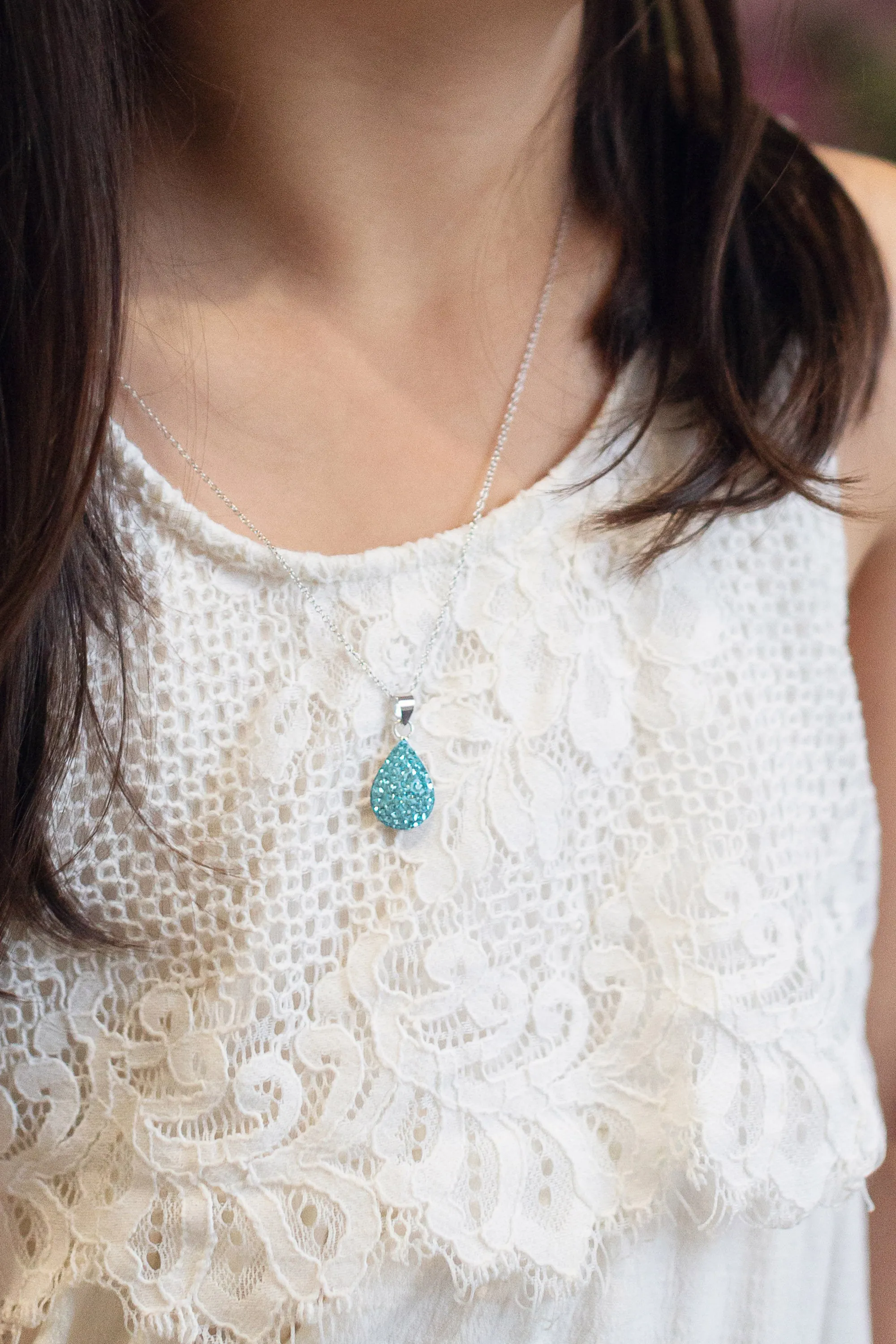 Crystal Round Teardrop Silver Necklace