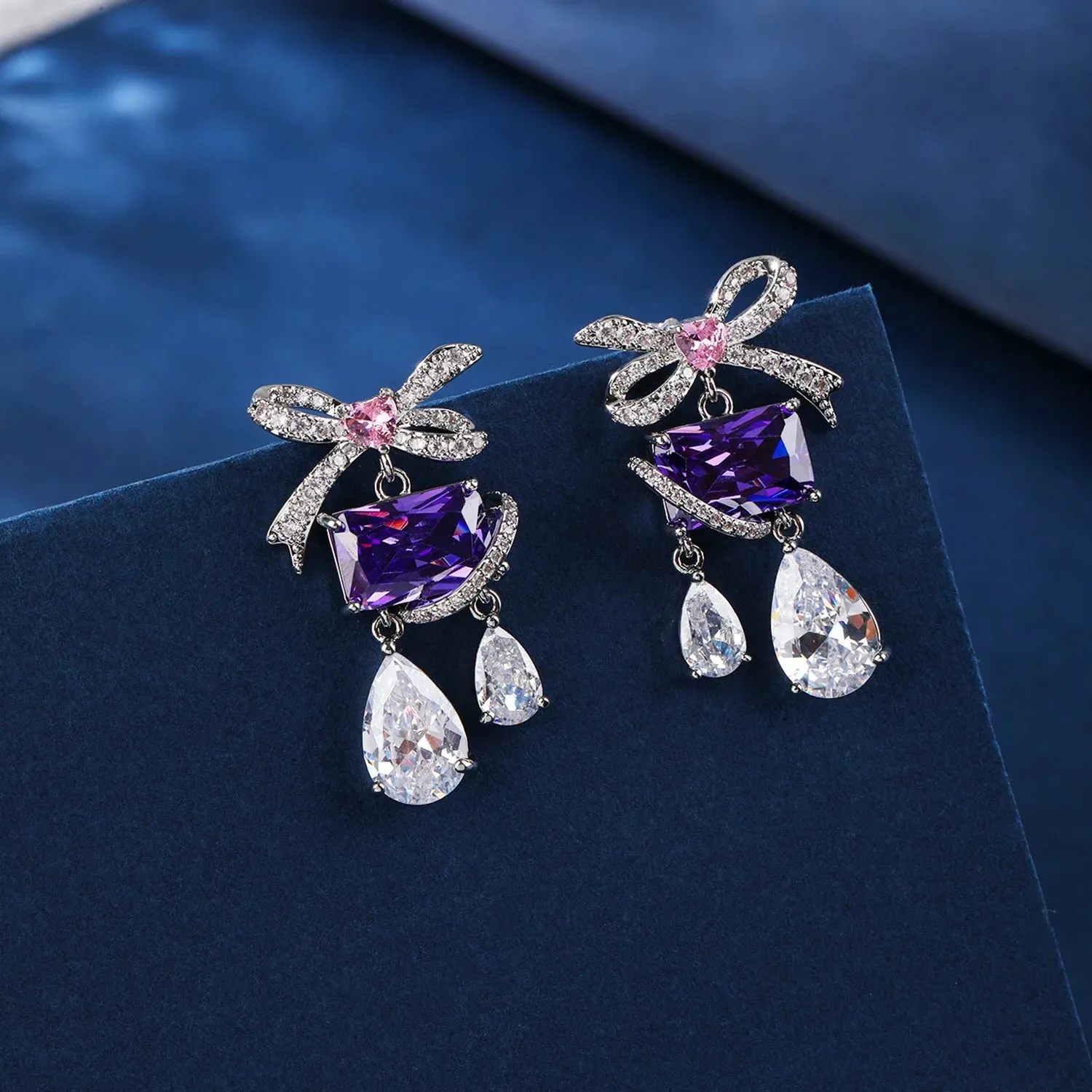 Cute Romantic Pink Cubic Zirconia Crystal Party Bow Knot Jewelry Earrings