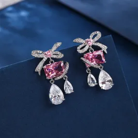 Cute Romantic Pink Cubic Zirconia Crystal Party Bow Knot Jewelry Earrings