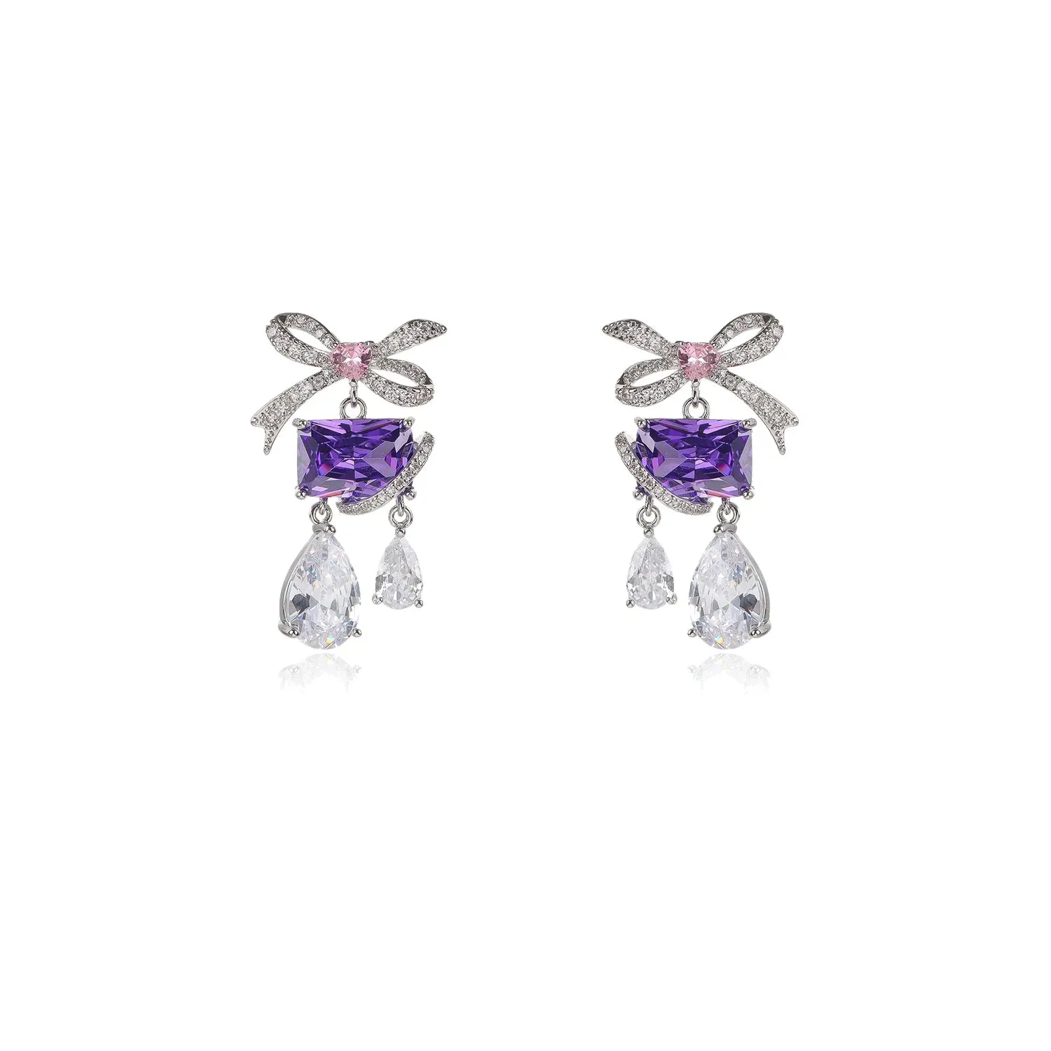 Cute Romantic Pink Cubic Zirconia Crystal Party Bow Knot Jewelry Earrings