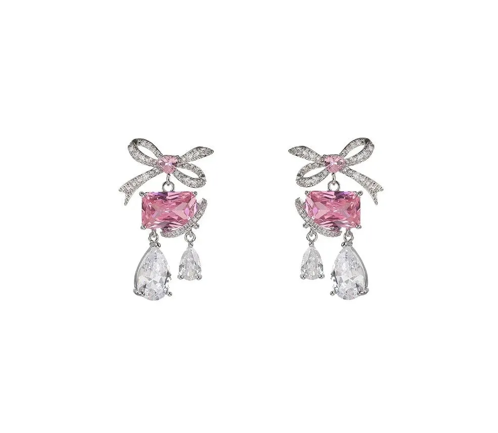 Cute Romantic Pink Cubic Zirconia Crystal Party Bow Knot Jewelry Earrings