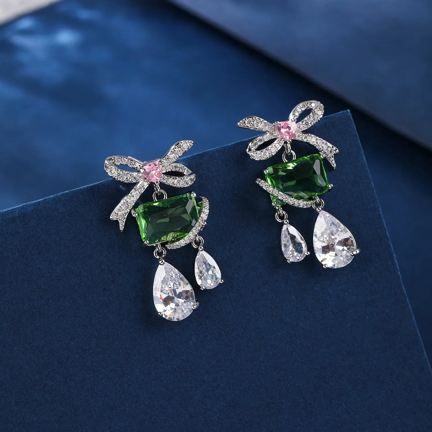Cute Romantic Pink Cubic Zirconia Crystal Party Bow Knot Jewelry Earrings