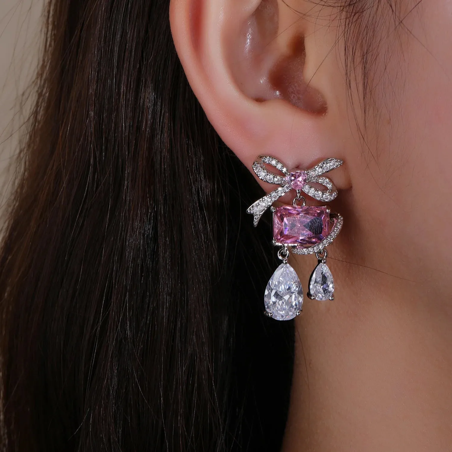 Cute Romantic Pink Cubic Zirconia Crystal Party Bow Knot Jewelry Earrings