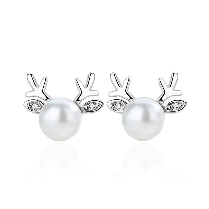 Deer Pearl Necklace and Earrings in 925 Sterling Silver