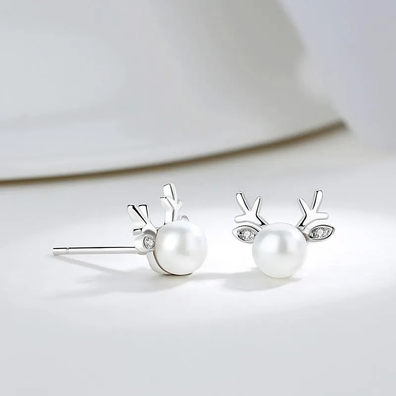 Deer Pearl Necklace and Earrings in 925 Sterling Silver