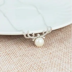 Deer Pearl Necklace and Earrings in 925 Sterling Silver