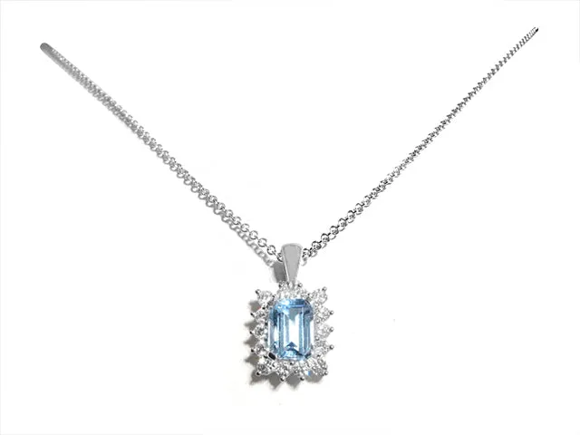 Diamond And Aquamarine Pendant with Chain Necklace