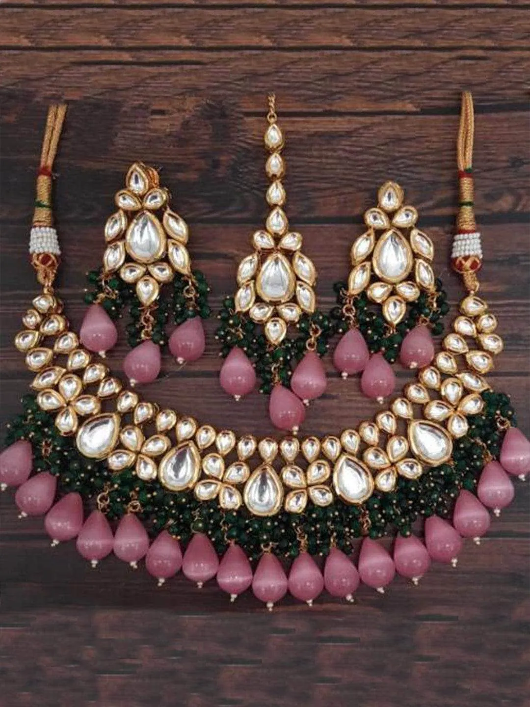 Drop Kundan Coral Necklace Earring And Teeka Set