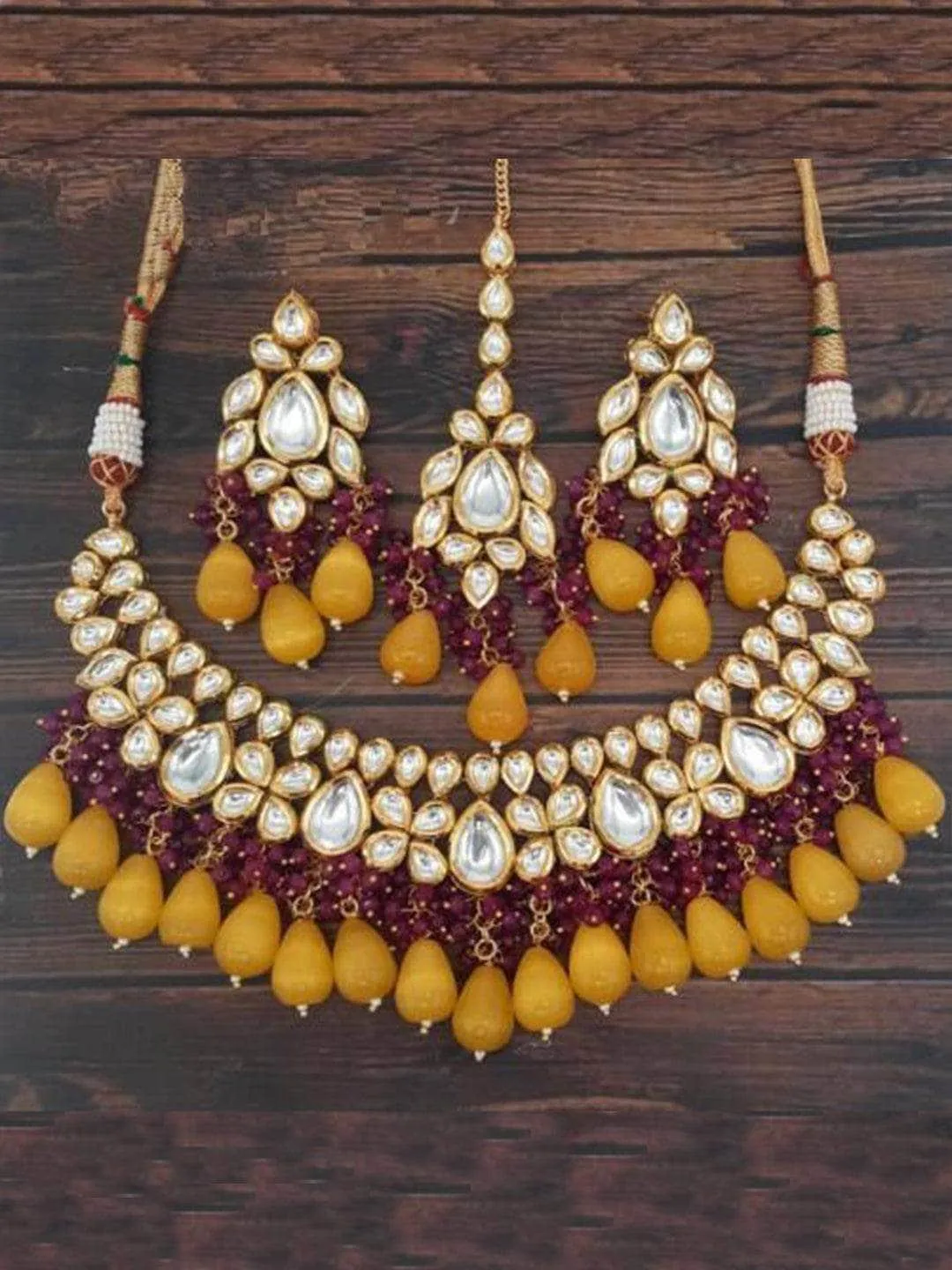 Drop Kundan Coral Necklace Earring And Teeka Set