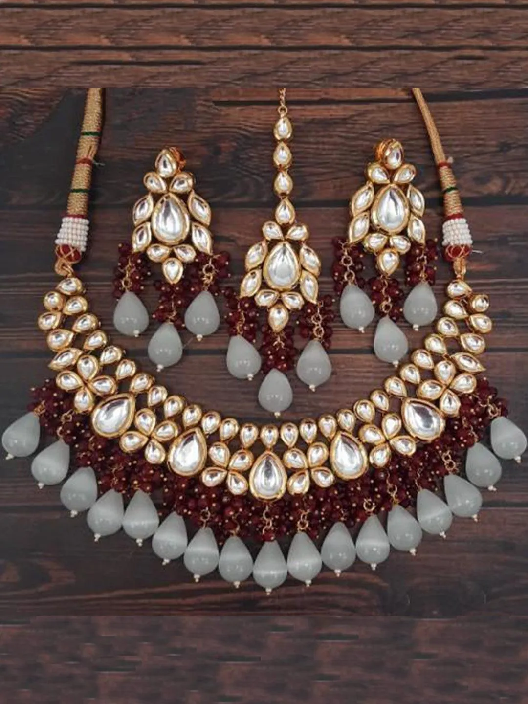 Drop Kundan Coral Necklace Earring And Teeka Set
