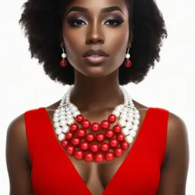 DST Inspired Chunky Red White Pearl Bib Necklace Set