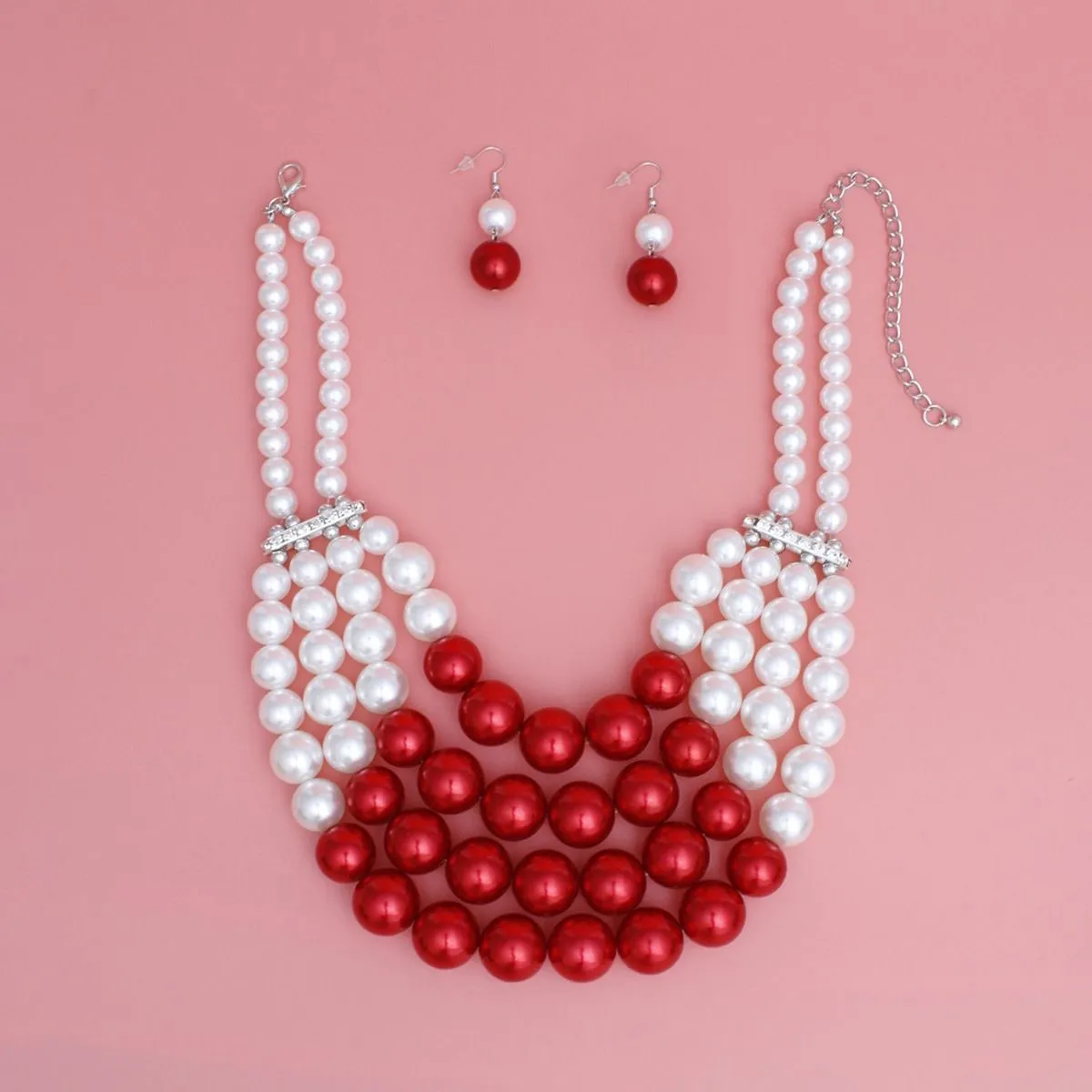 DST Inspired Chunky Red White Pearl Bib Necklace Set