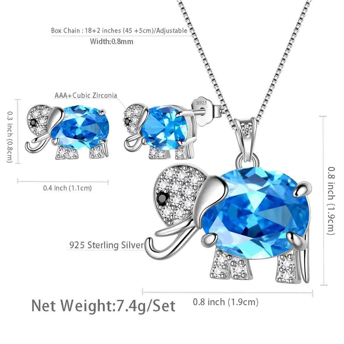 Elephant Birthstone March Aquamarine Jewelry Set 3PCS Women Girls Birthday Gift