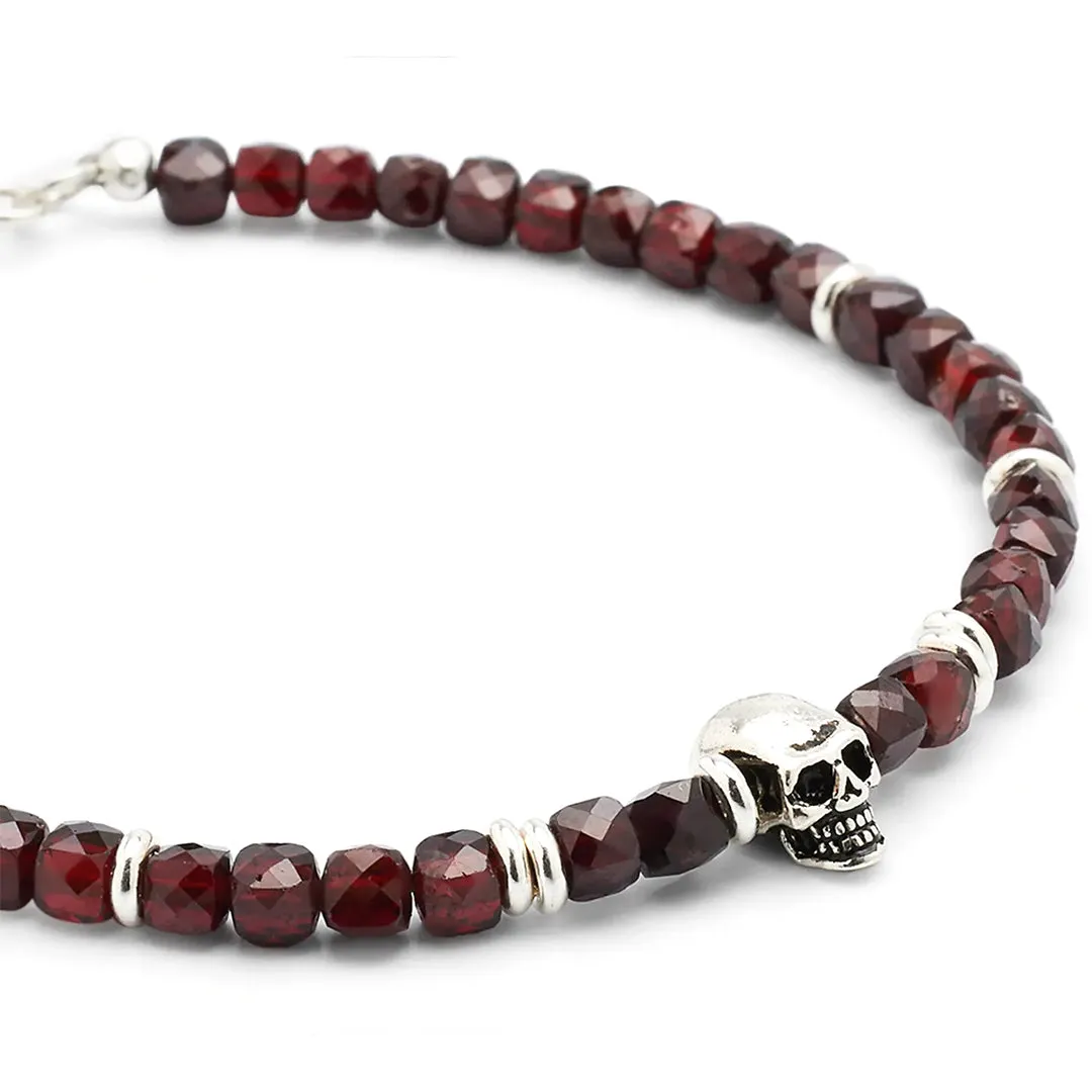 Faceted Garnet Beaded Bracelet Sterling Skull