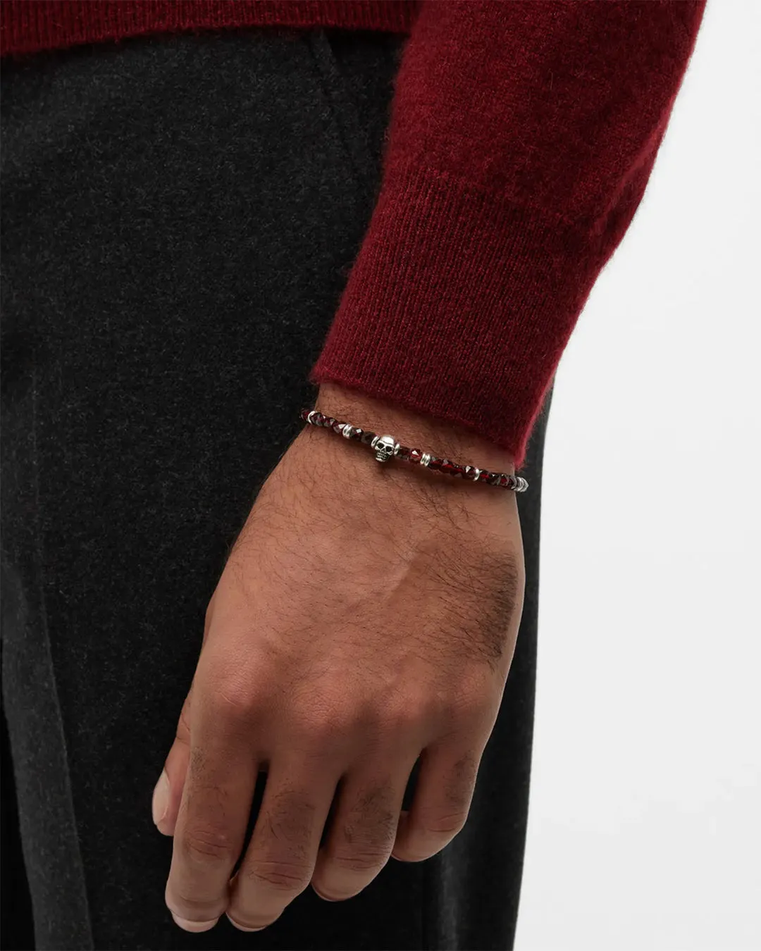Faceted Garnet Beaded Bracelet Sterling Skull