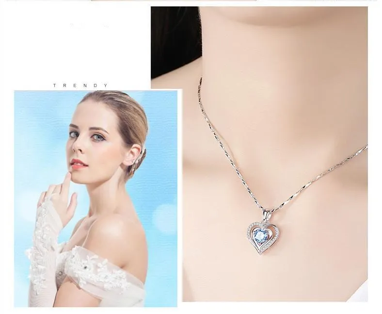 Fashion heart blue aquamarine gemstones pendant necklace