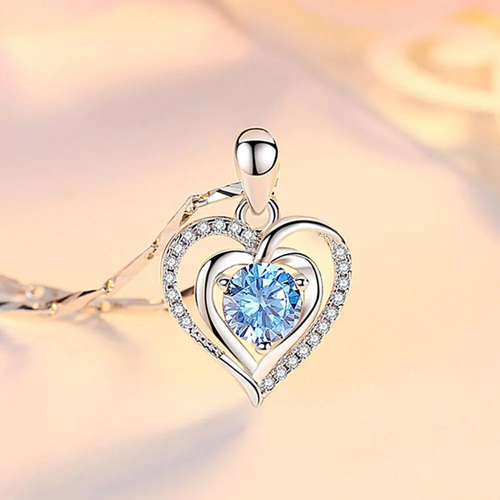 Fashion heart blue aquamarine gemstones pendant necklace