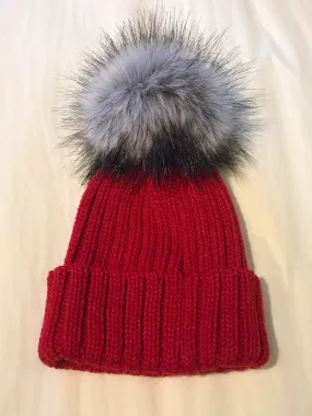 Faux Fur Single Pompom Ribbed Hat Red