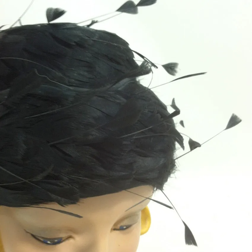 Floating Feathers Whimsical Tiered Black Cocktail Hat circa 1960s