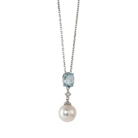Freshwater Pearl, Aquamarine & Diamond 14K White Gold Necklace