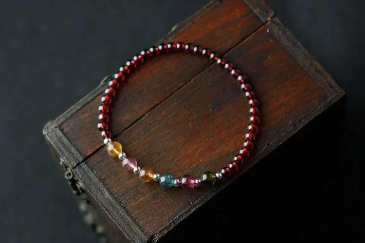 Garnet Silver Tourmaline Beaded Bracelet Handmade Birthstone Jewelry for Women