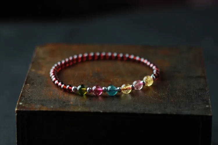 Garnet Silver Tourmaline Beaded Bracelet Handmade Birthstone Jewelry for Women