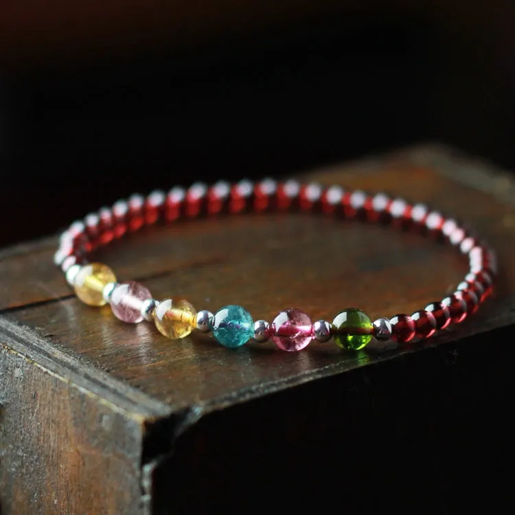 Garnet Silver Tourmaline Beaded Bracelet Handmade Birthstone Jewelry for Women