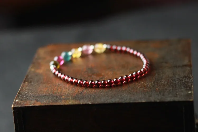 Garnet Silver Tourmaline Beaded Bracelet Handmade Birthstone Jewelry for Women