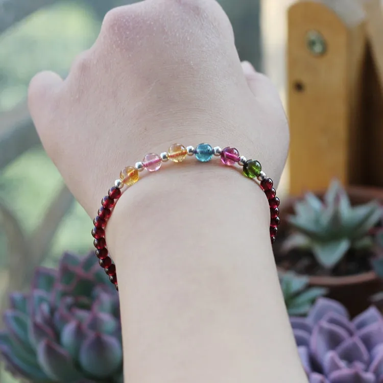 Garnet Silver Tourmaline Beaded Bracelet Handmade Birthstone Jewelry for Women