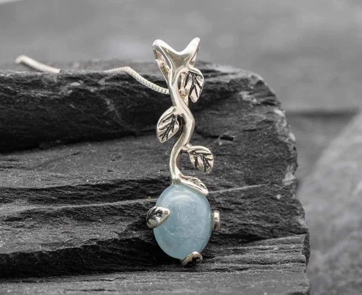 Genuine Aquamarine Necklace - Blue Leaf Pendant - March Birthstone Necklace