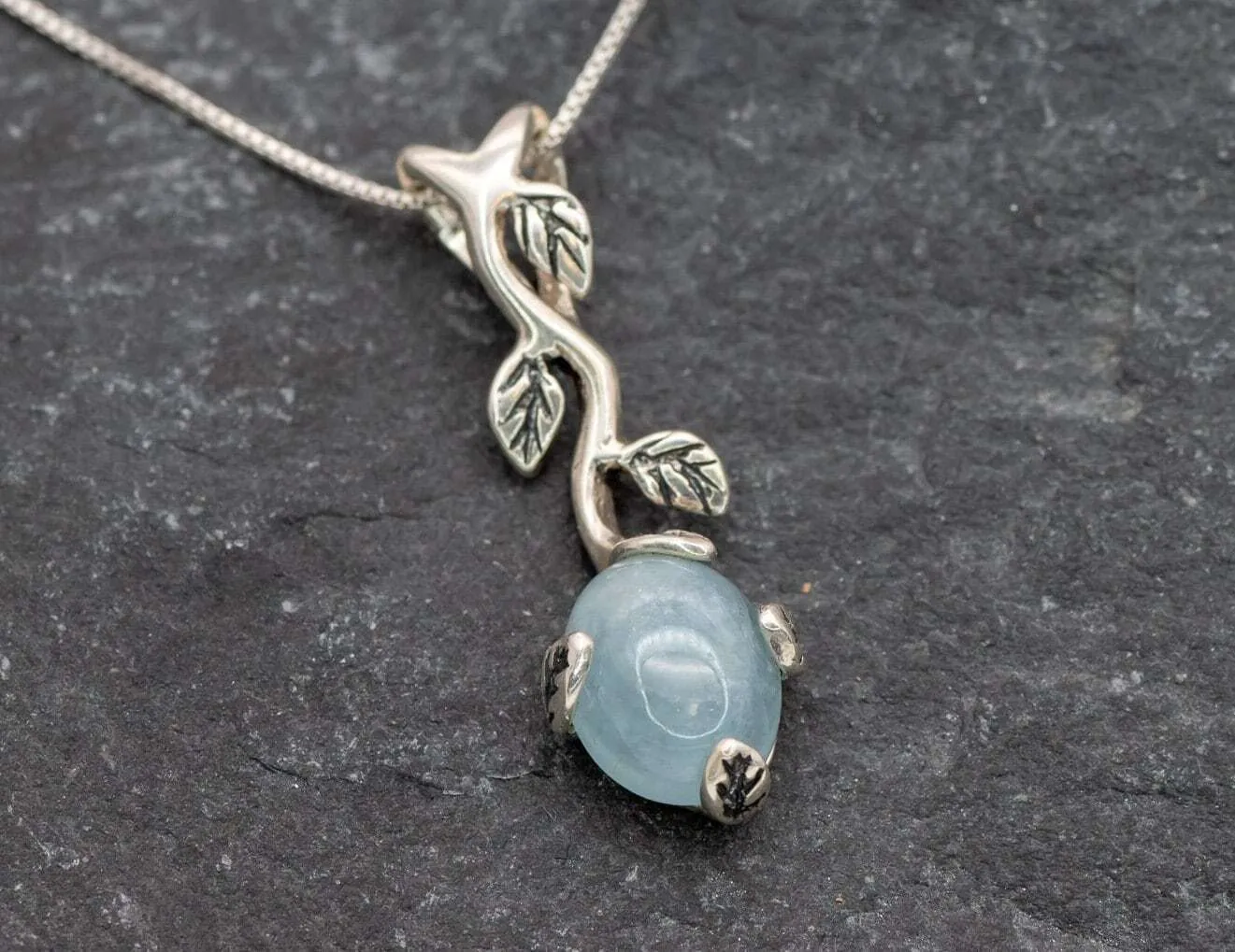 Genuine Aquamarine Necklace - Blue Leaf Pendant - March Birthstone Necklace