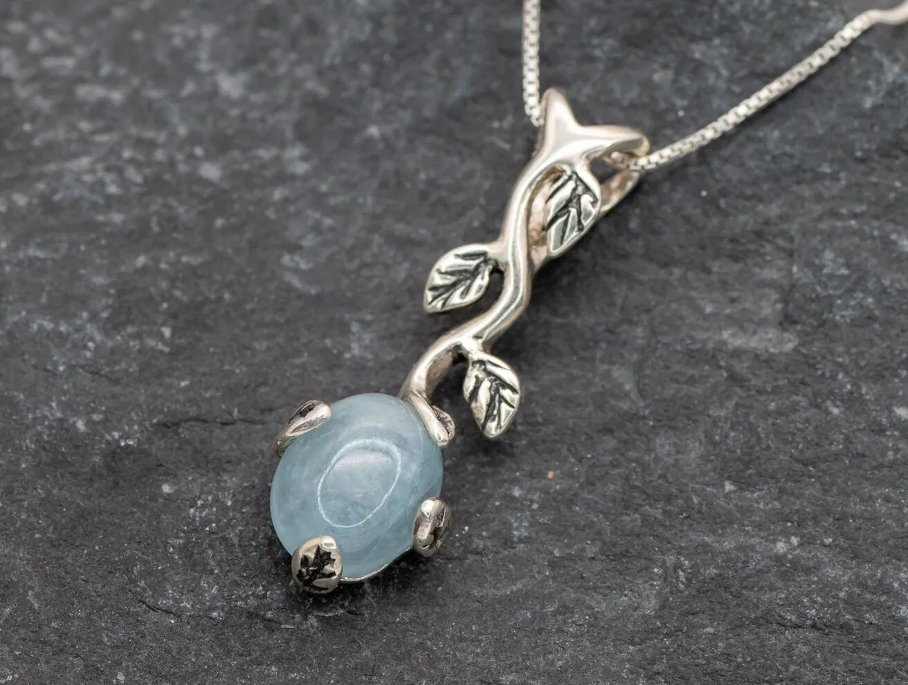 Genuine Aquamarine Necklace - Blue Leaf Pendant - March Birthstone Necklace