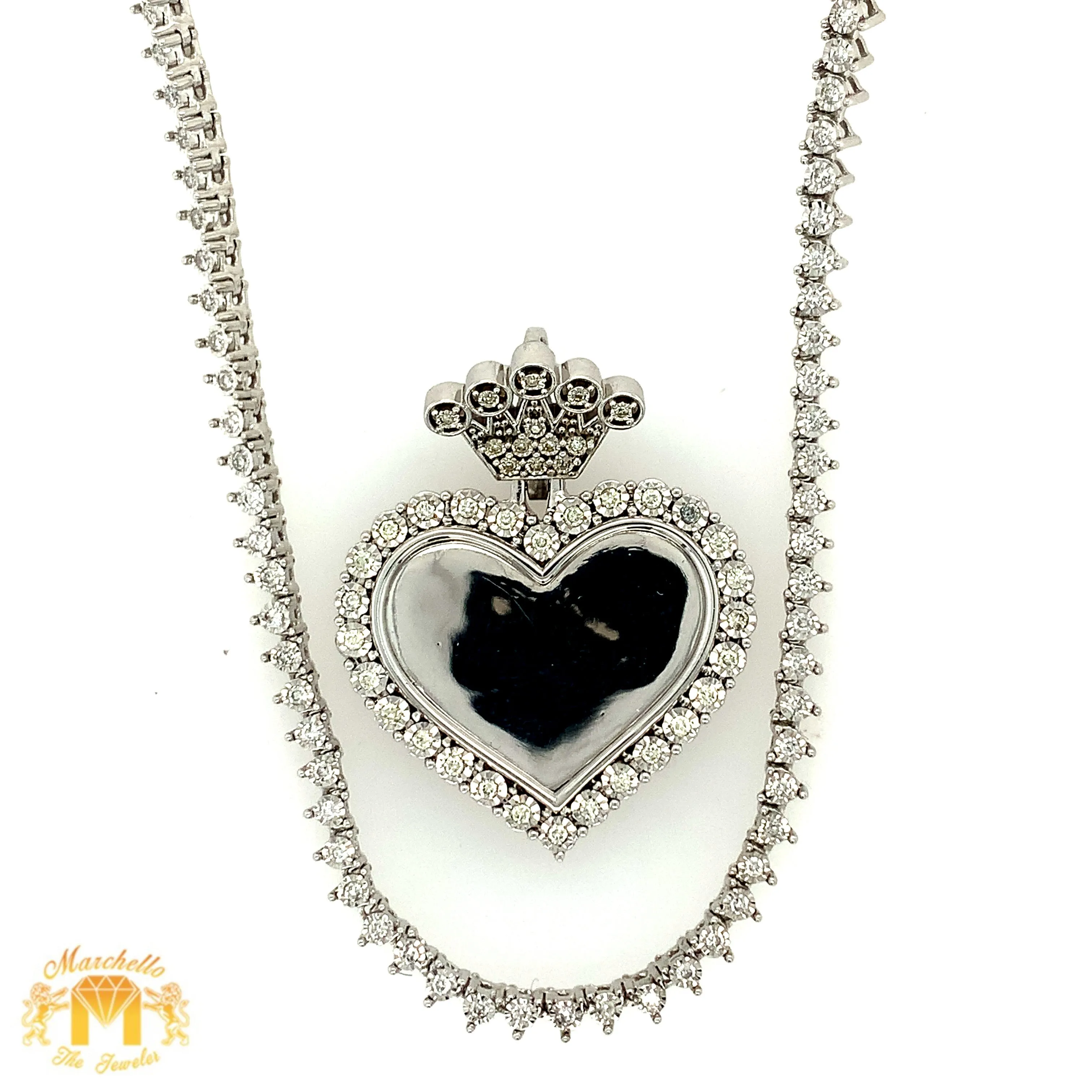 Gold and Diamond Heart Memory Picture Pendant and Tennis Chain Set (1 pointers, solid pendant, choose gold color)