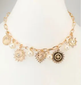 Gold Chain with Pearl, Heart, and Starburst Charm 16"-18" Necklace