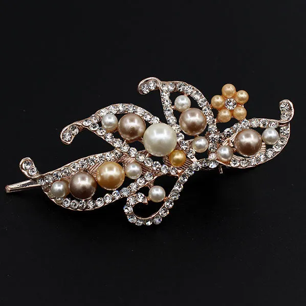 Gold Finish Bridal Pearl and Rhinestone Butterfly Hinged Hair Claw Clip Champagne