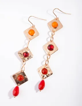 Gold Hammered Red Stone Drop Earring