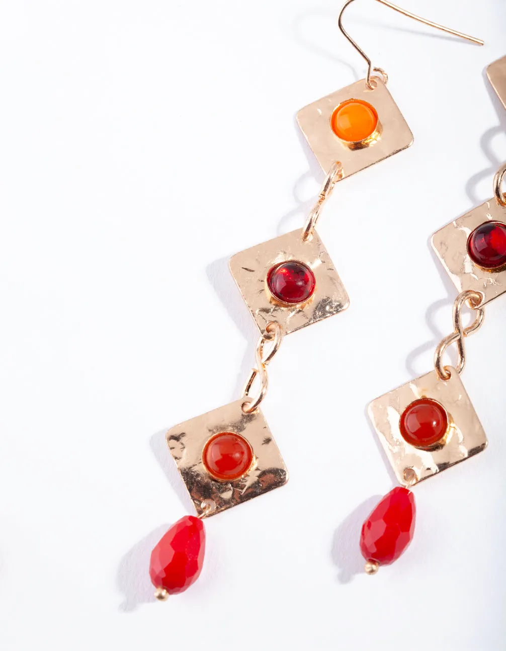 Gold Hammered Red Stone Drop Earring