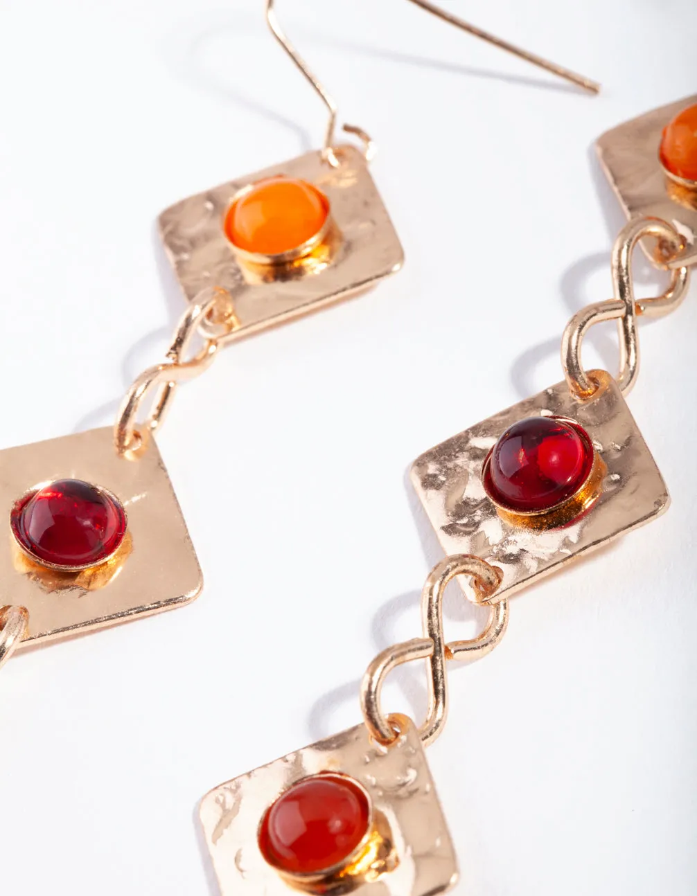 Gold Hammered Red Stone Drop Earring