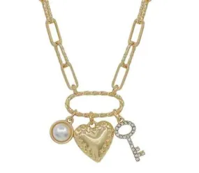 Gold Rhinestone Textured Heart, Key, and Pearl Charm 16"-18" Necklace
